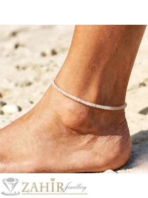 Мега яка гривна за ръка или глезен от естествен бял бисерен ахат 3 мм топче и стоманени елементи, закопчалка и удължител - GA3007